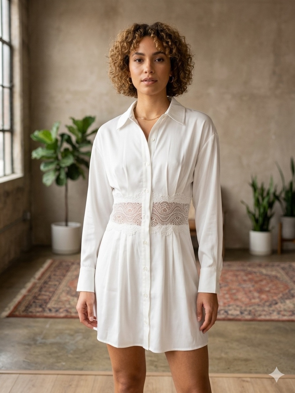 NWT Mimosa White Lace-Waist Button-Front Shirt Dress S Coquette Girl Romantic